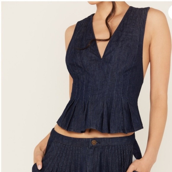 Free People Clean Coastal Denim Set Maxi Skirt Peplum Tank Dark Space Girl Wash - Picture 9 of 13